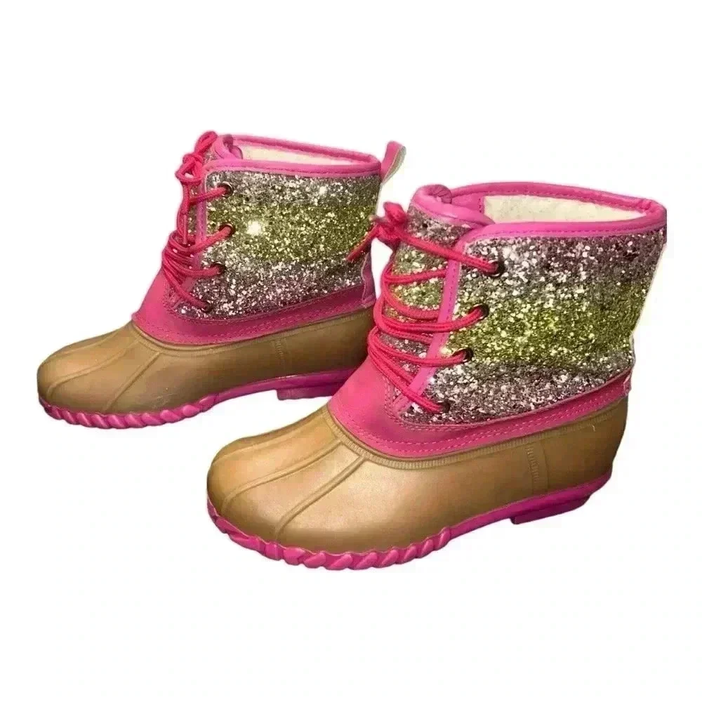 Olivia Miller Duck Boots  Girls Size 3 Pink Gold Glitter Fur Lined Lace Up
